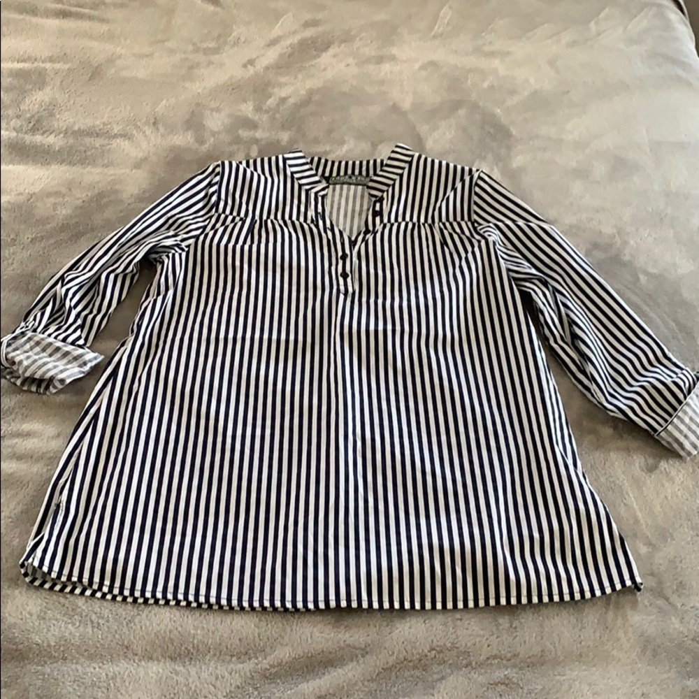 Vertical striped navy blue and white blouse